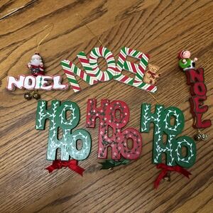 Lot Of Wooden Hand Painted Made In Taiwan Christmas Ornaments Noel Ho Ho Ho VTG